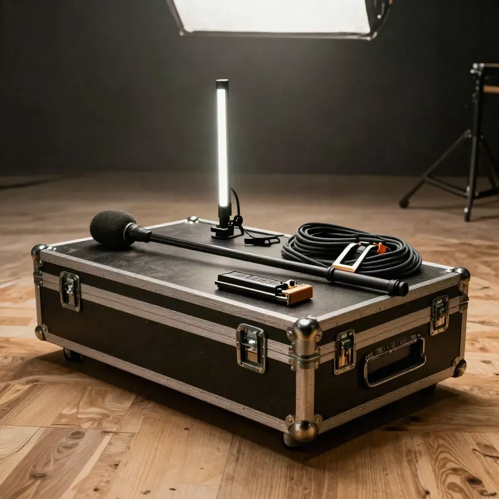 Dramatic video kit on a flight case with boom mic, LED tube, battery pack, clamp and cable.