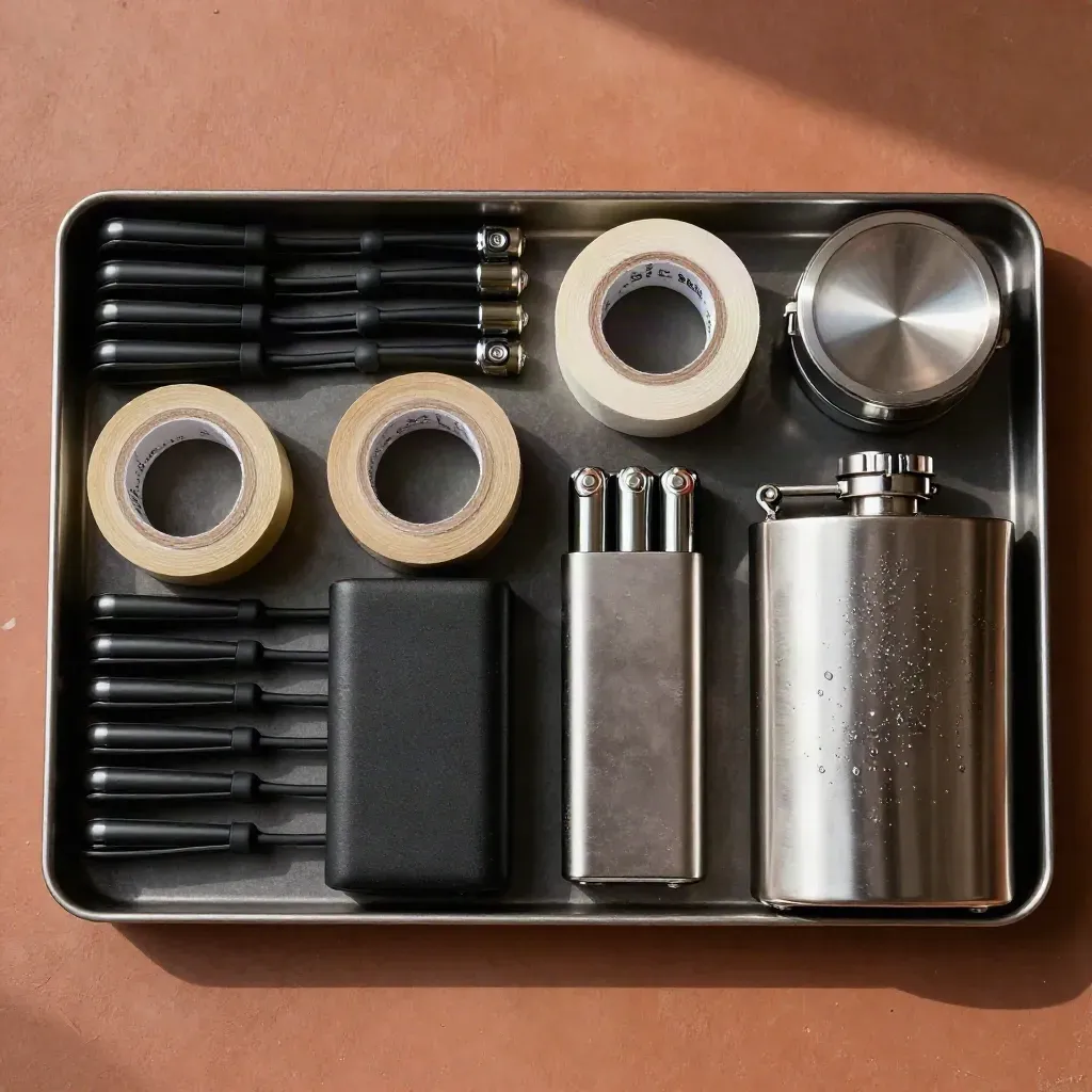 Top-down tray of cable ties, tape rolls, batteries, power bank and flask on terracotta.