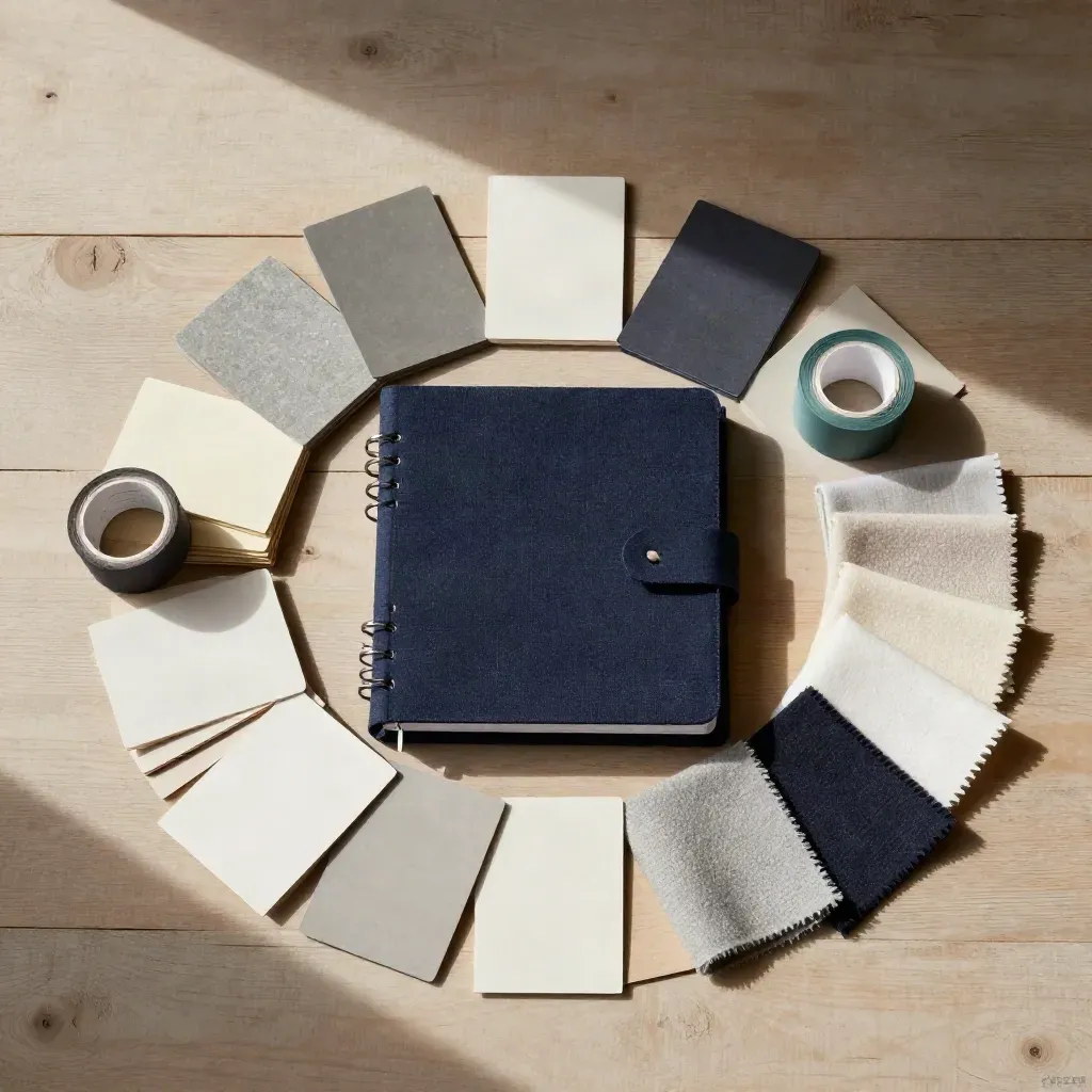 Overhead flat lay of a navy sample binder with swatches, colour chips and tape on pale wood