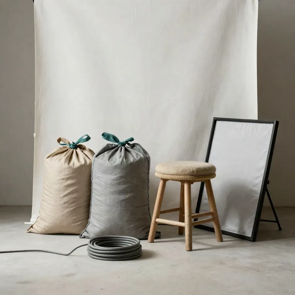 Studio kit on concrete: backdrop, sandbags, stool, diffuser frame, and coiled cable.