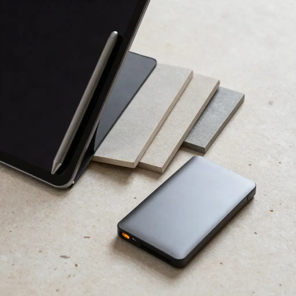 Overhead still-life of tablet stand, stylus, colour tiles and external drive on pale stone.