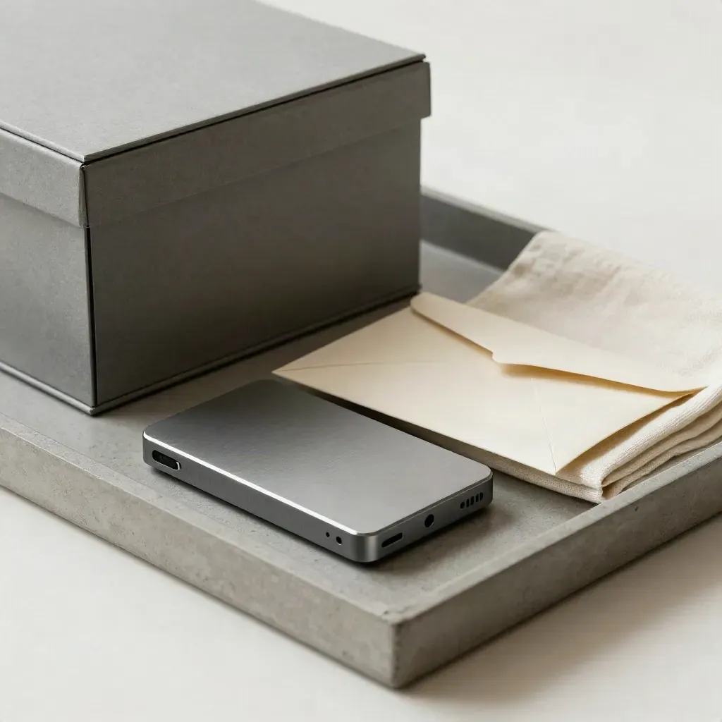 Neutral tray still life with archive box, SSD, courier sleeve, and card envelope on concrete.