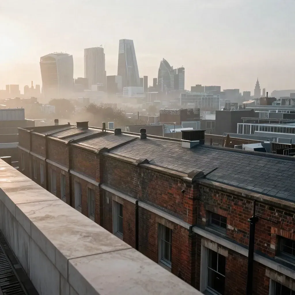 Dawn rooftops over Greater London with mist-softened towers and calm space for copy.