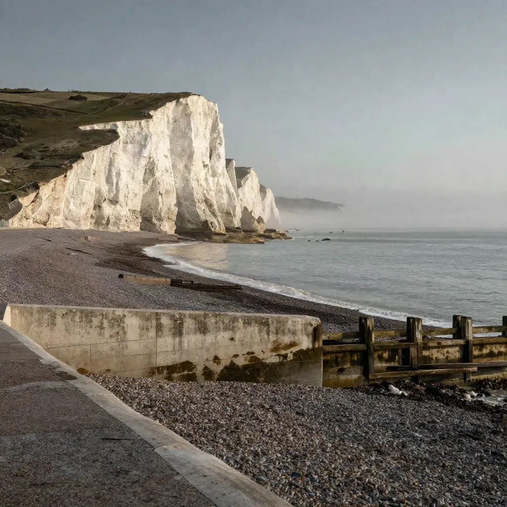 Chalk cliffs and a Brighton sea wall above shingle and pale surf at sunrise.