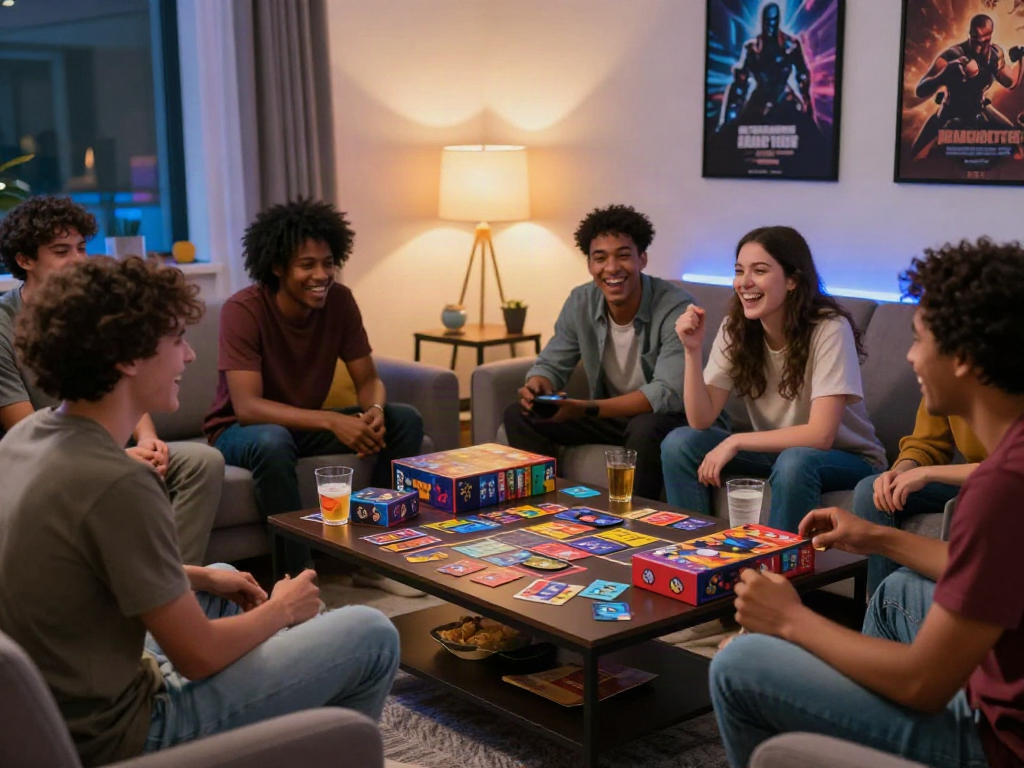 Friends enjoying an adult game night in a cozy living room, vibrant atmosphere.