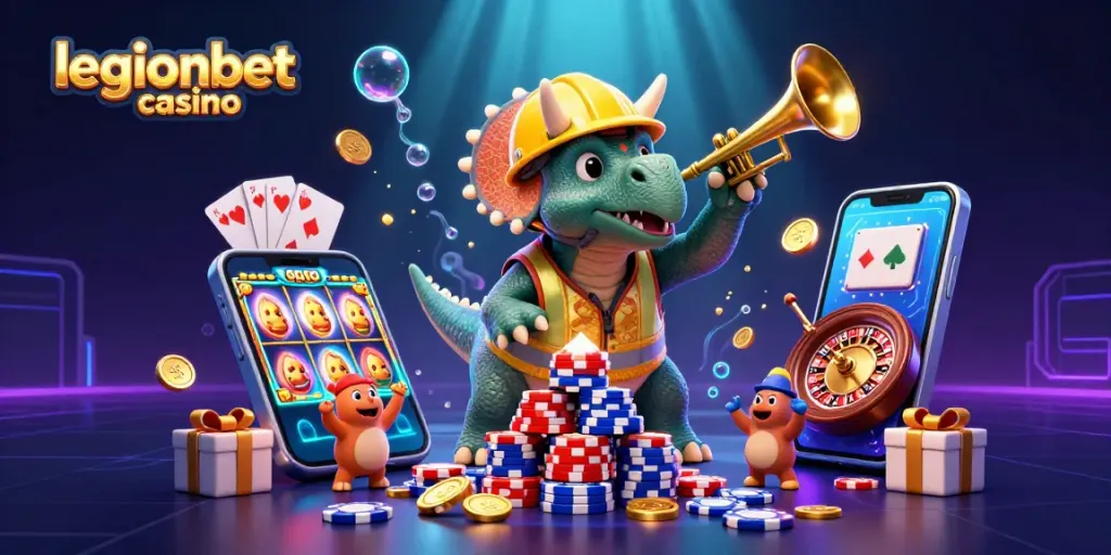 Experience the excitement of legionbet casino with a vibrant scene of gaming excitement and joyful characters.