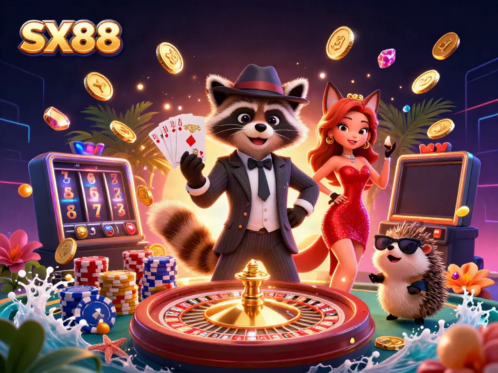 SX88 casino scene with a suave raccoon, a fox lady, and a hedgehog, surrounded by dynamic game elements and gold coins.