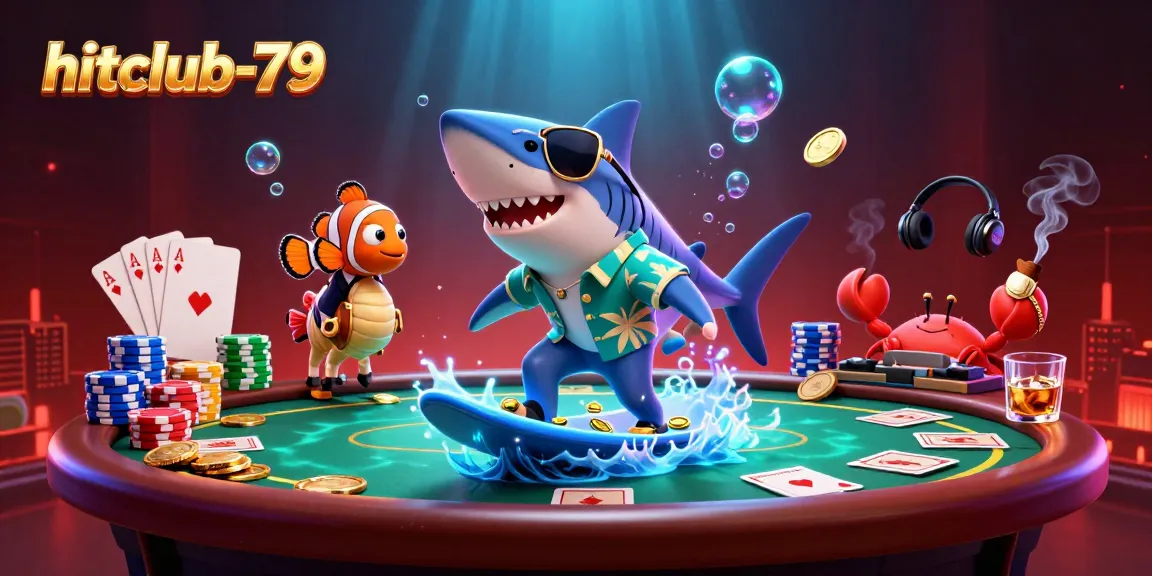 Engage with hitclub-79 and enjoy vibrant gaming action with cartoon shark surfing on gold coins.