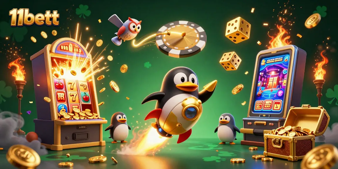 Join the thrilling adventure at 11bett, where a golden penguin navigates a vibrant casino cosmos.