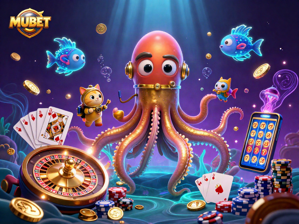 MUBET showcases a captivating 3D cartoon kraken and diving cat amidst shimmering casino elements.