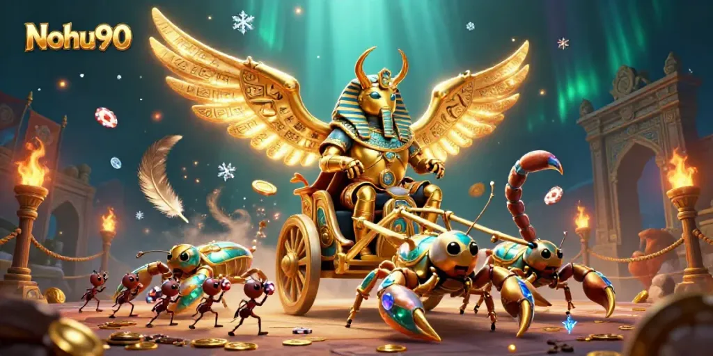 Nohu90 showcases an epic casino adventure with a colossal scarab beetle and scorpion chariot in an engaging gambling-themed scene.