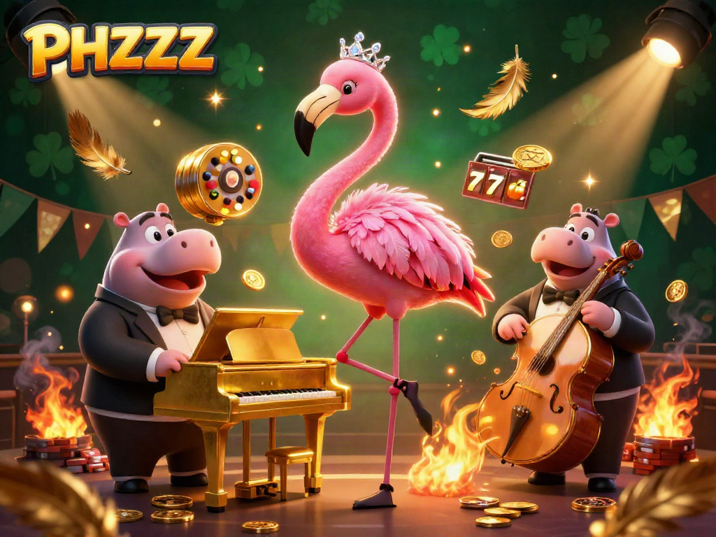 Experience the vibrant PHZZZ casino scene with flamingo singer and hippo bassist at the slots!