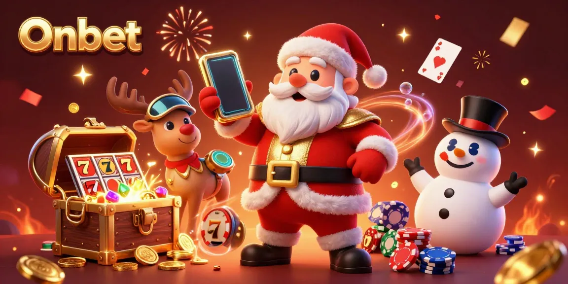 Experience casino fun with Onbet as Santa, reindeer, and snowman celebrate winning slots!