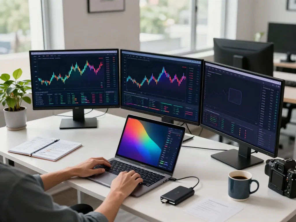 CryptoDenisNFT trading environment showcasing multiple screens with cryptocurrency interfaces and digital wallet, emphasizing security and innovation.