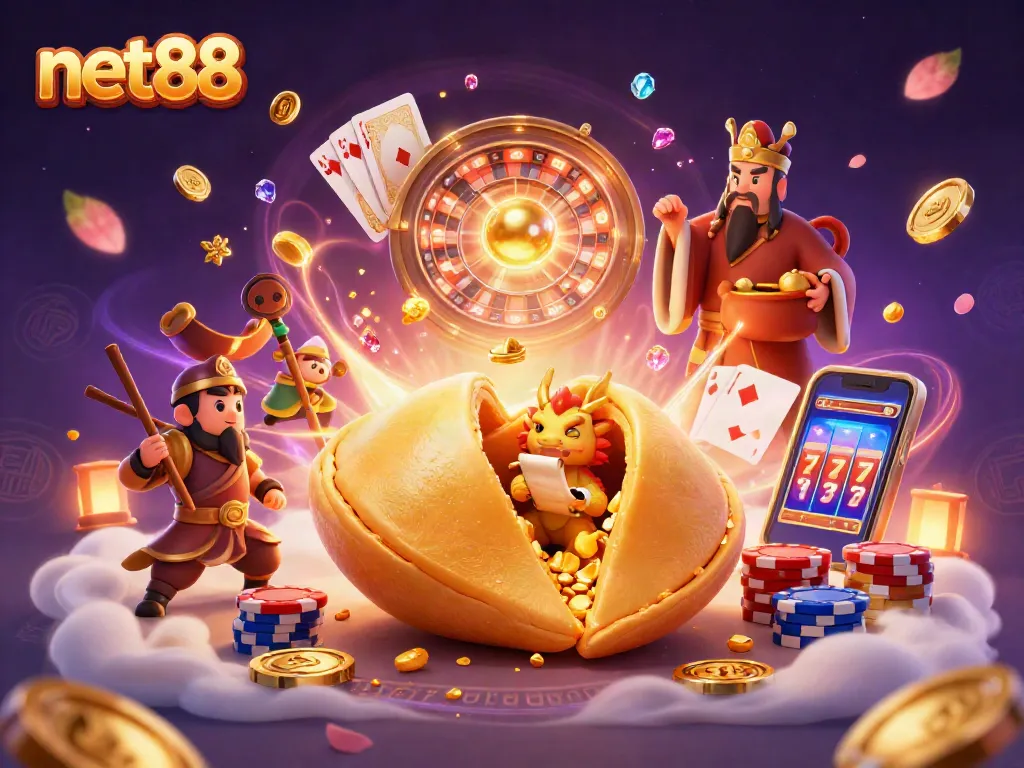 Experience the thrill of net88 with a vibrant 3D casino scene featuring a golden fortune cookie and lucky symbols.