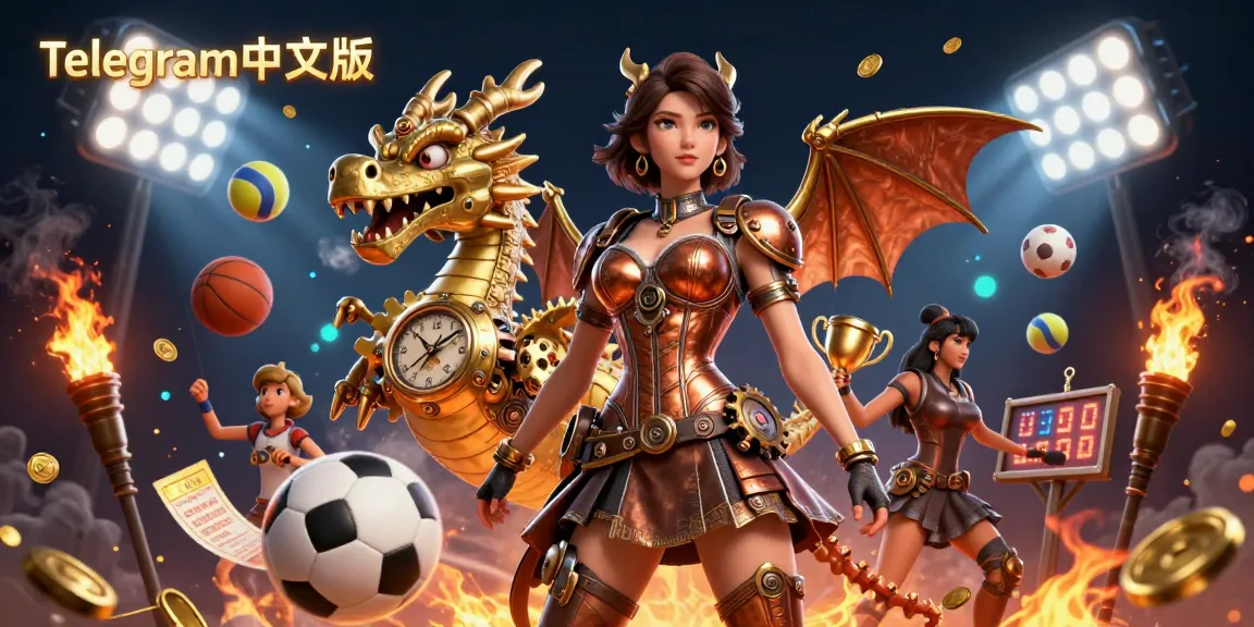 在Telegram中文版充满活力的游戏氛围中参与投注行动,四周环绕着运动球和一条龙。