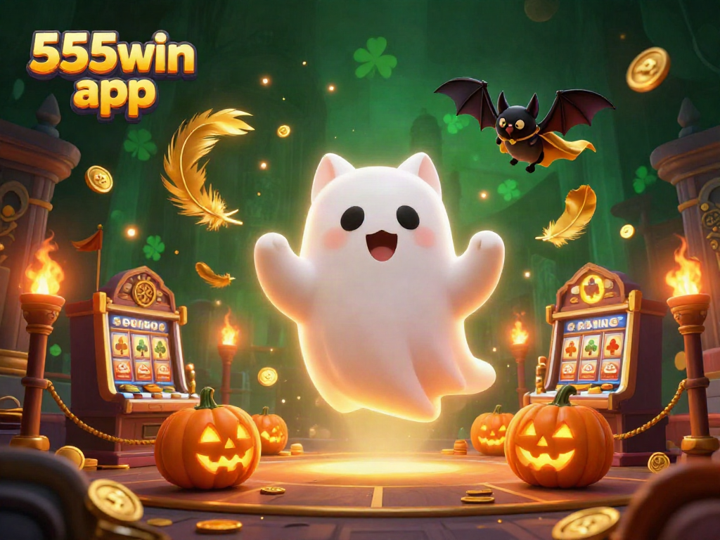 Join the fun with the 555win app, where a friendly ghost cat and a vampire bat explore a vibrant haunted casino.