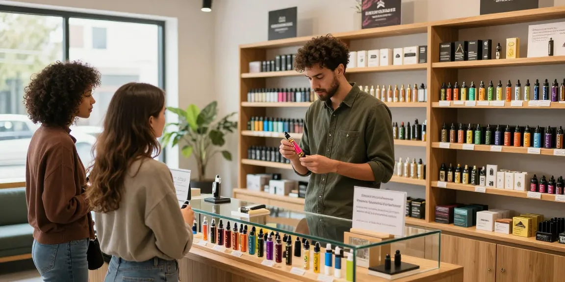 Customers exploring weed vapes at a modern cannabis shop with colorful displays and an inviting atmosphere.