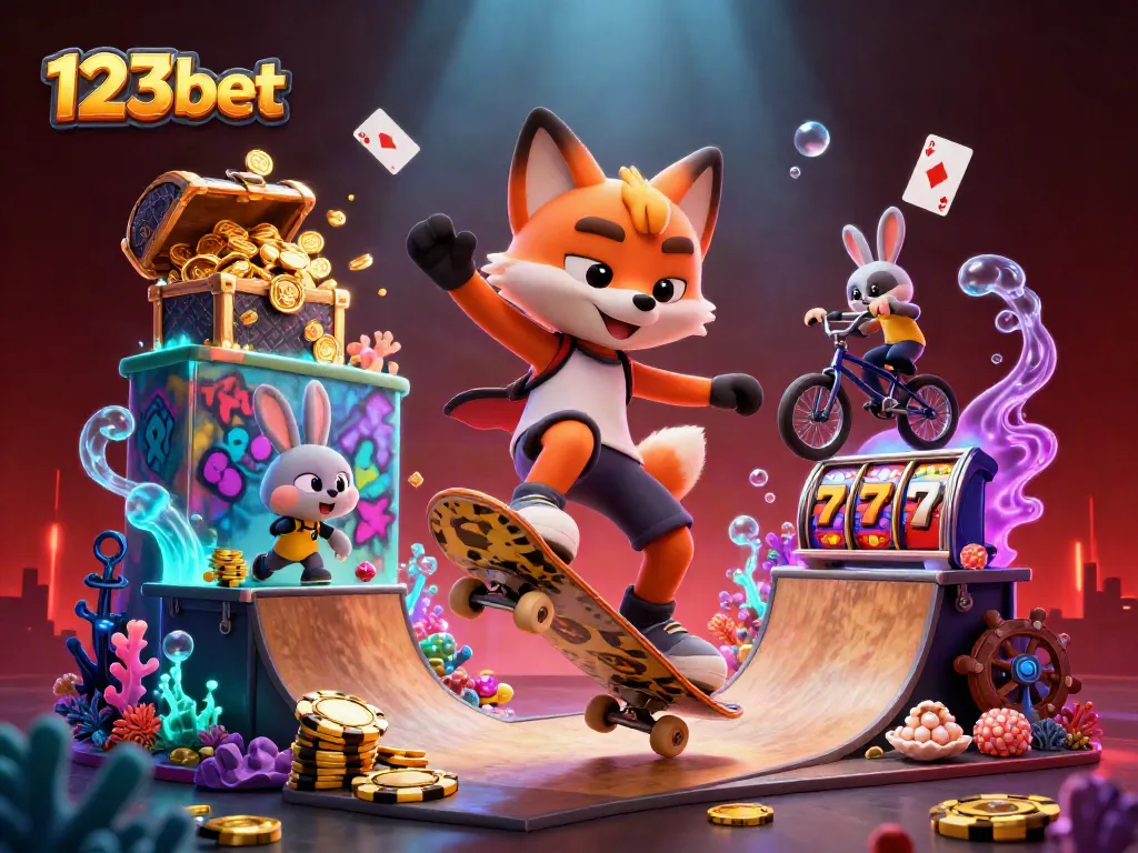 Experience the excitement of 123bet with thrilling casino elements in a vibrant 3D scene.