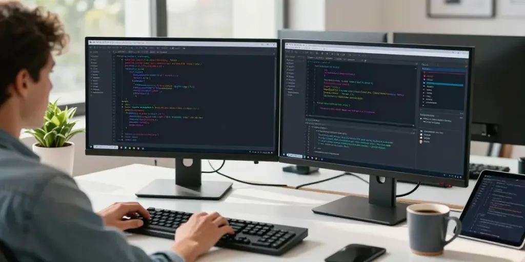Submit software article in a vibrant office with a developer coding on dual monitors.