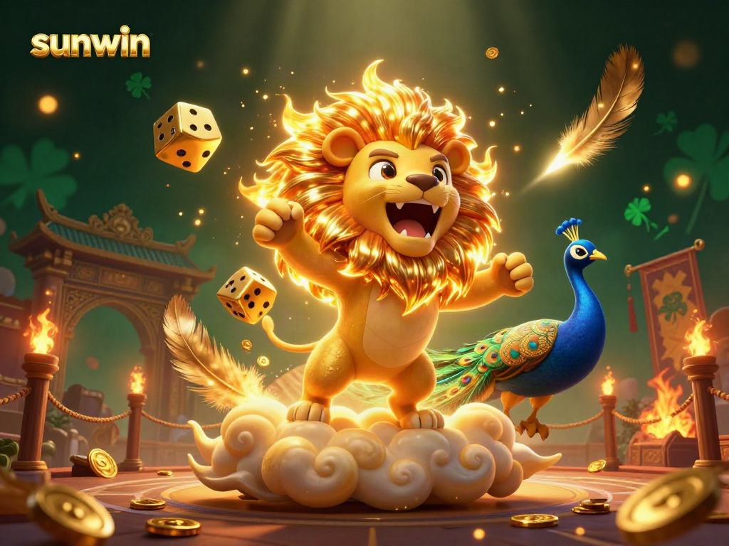 Experience thrilling gameplay at sunwin with a 3D lion and golden dice in a vibrant casino scene.