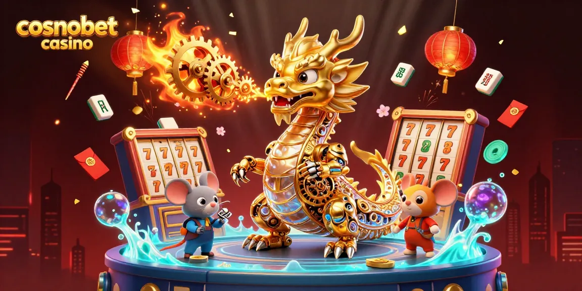 Experience the thrill of cosmobet casino with an enchanting scene featuring a golden dragon, intricate game elements, and vibrant visuals.