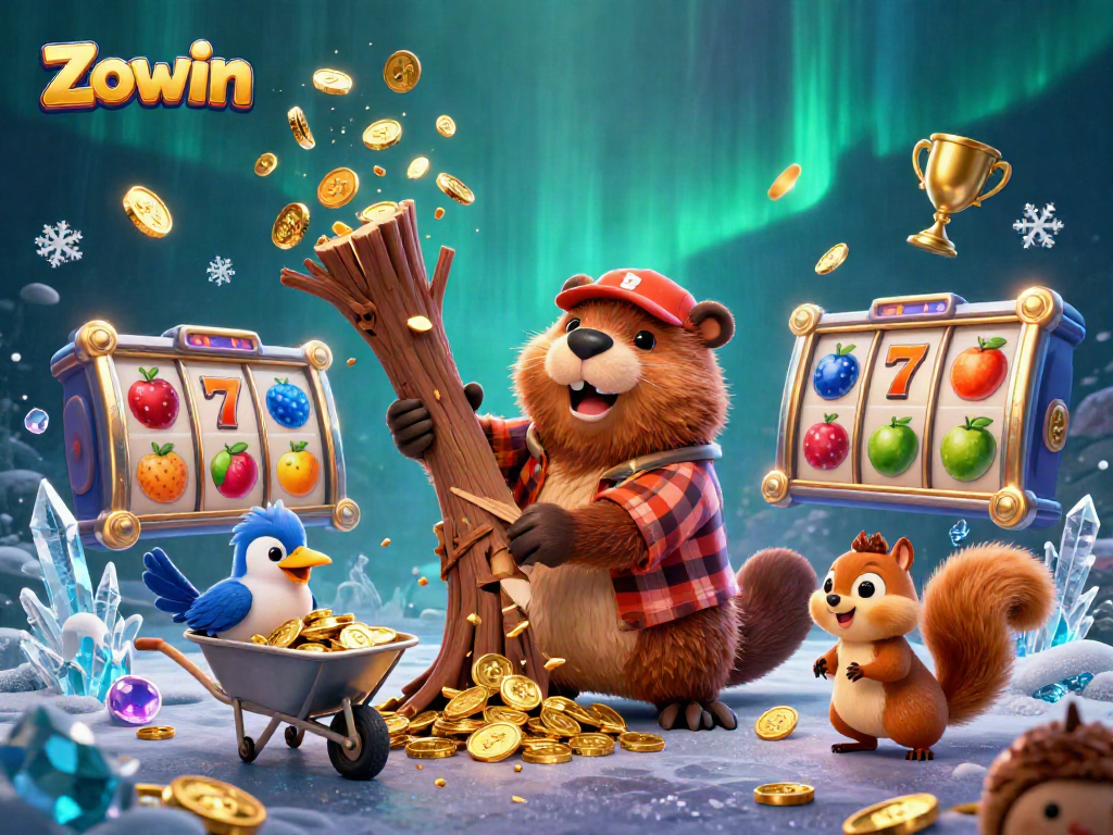 Zowin brings excitement with a playful scene featuring a beaver character, slot reels, and golden coins.