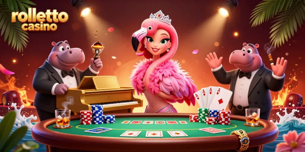 Engage with rolletto casino's vibrant scene of a flamingo singer and hippo bassist, surrounded by poker elements.