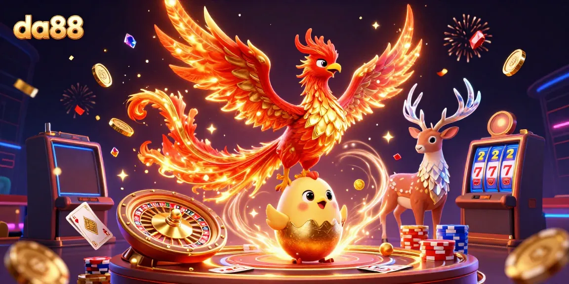 Experience thrilling moments with da88, showcasing a vibrant phoenix, coins, and gaming elements.