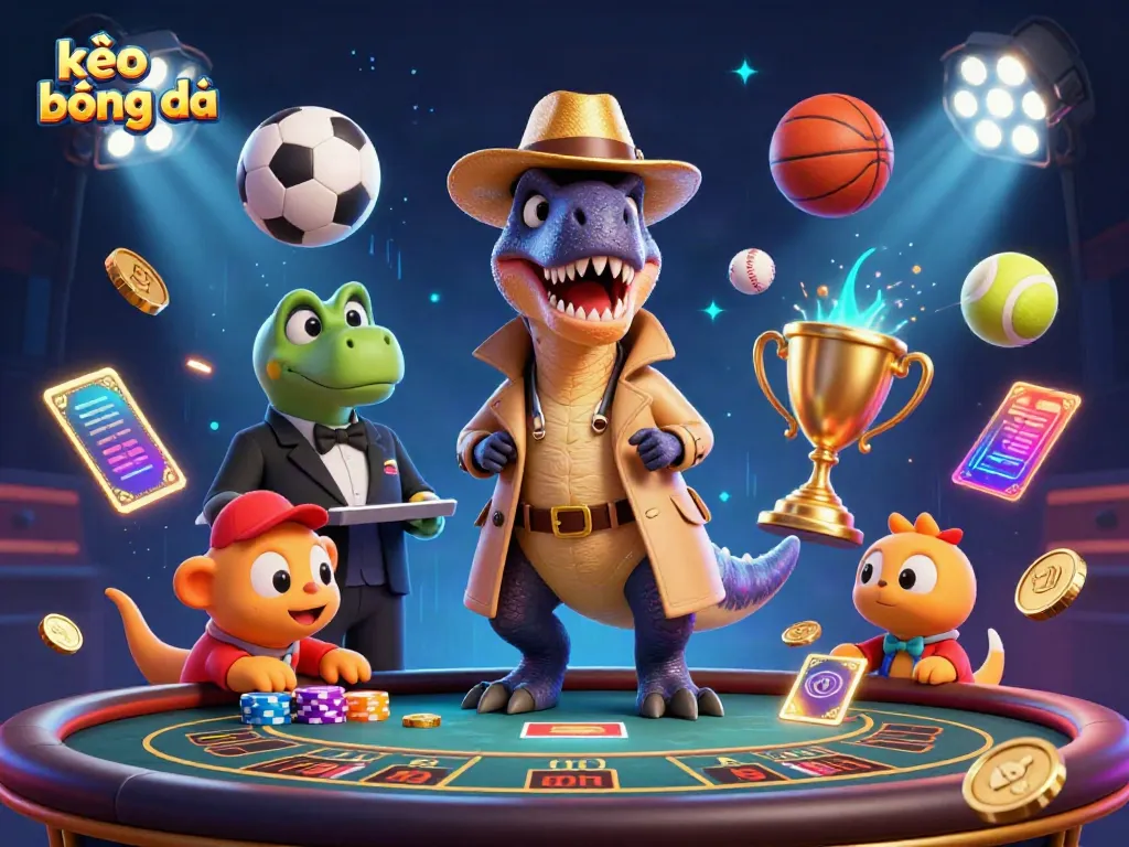 Engage with kèo bóng đá as a dynamic velociraptor card counter navigates a bustling casino scene.