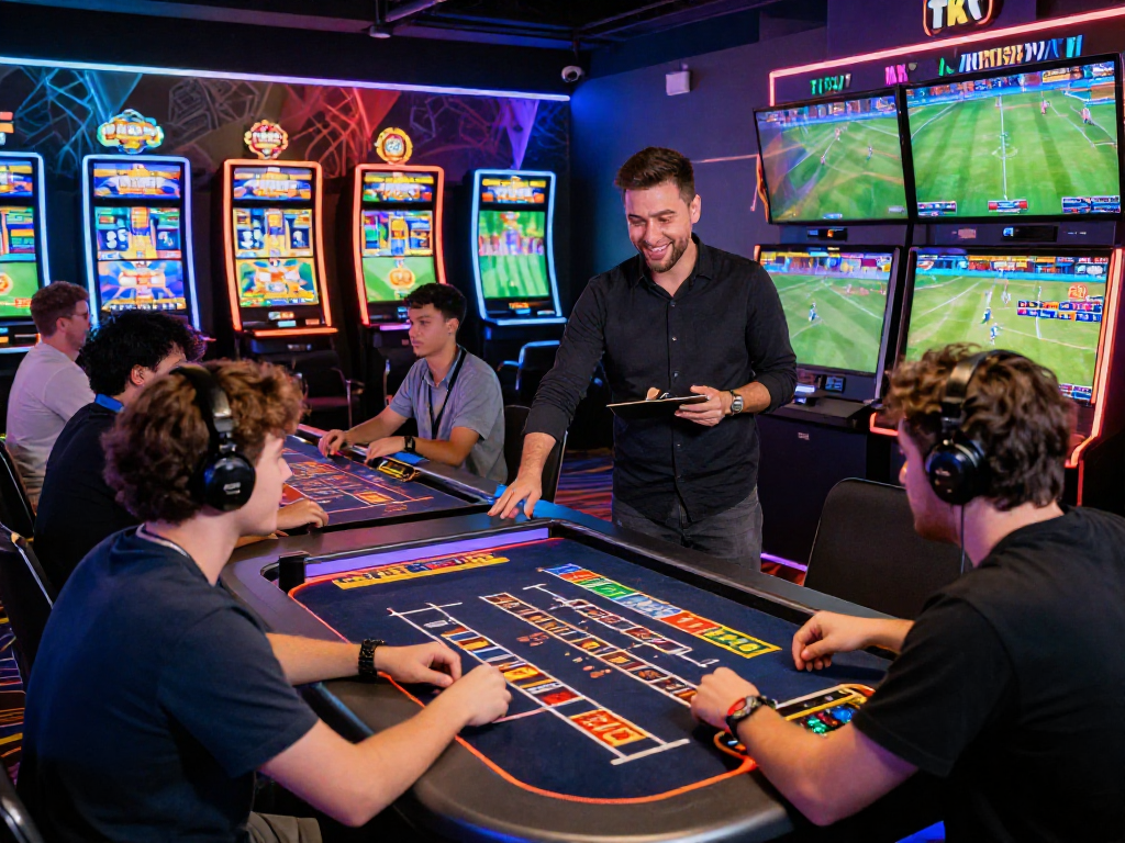 Players enjoying various games at TK1971 online casino, showcasing sports events, slots, and a vibrant gaming atmosphere.