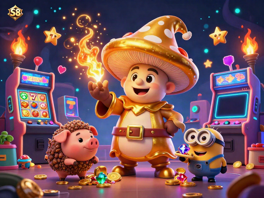 S8 slot gaming scene featuring a golden wizard and treasure-finding pig amidst vibrant casino elements.