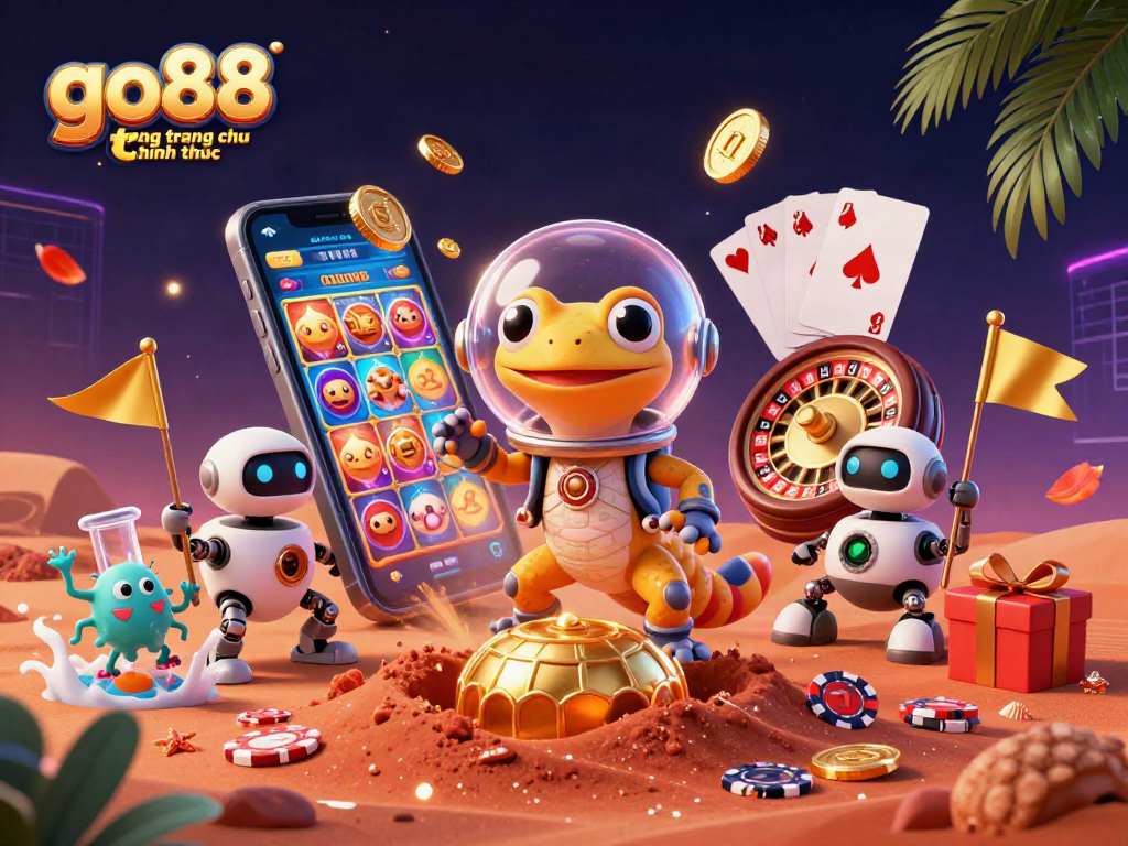 Experience the excitement at go88 trang chu chinh thuc with a 3D Martian gecko discovering a golden casino.