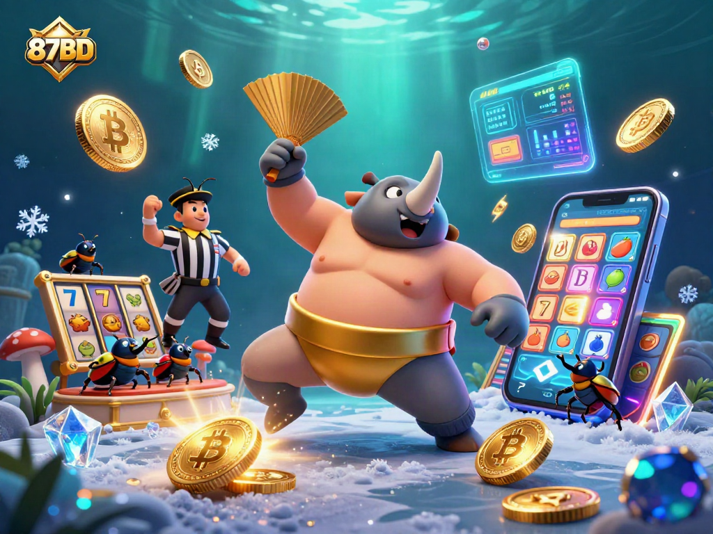Engage with 87BD's dynamic casino scene featuring a beetle champion and crypto coins.
