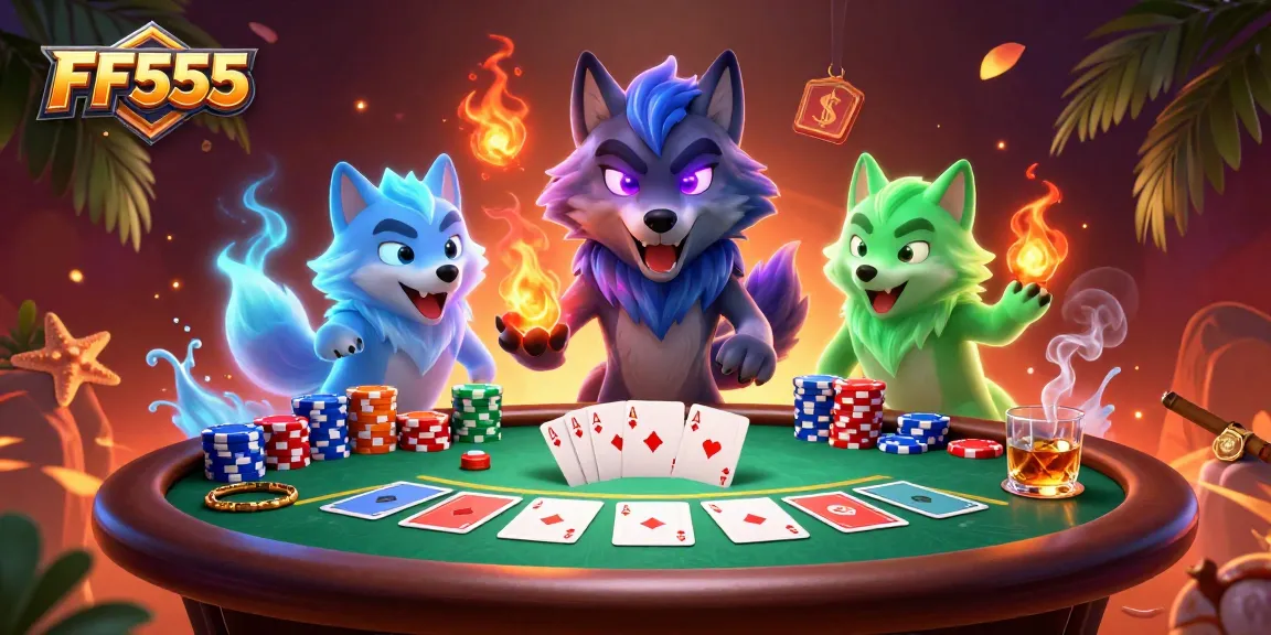 FF555 showcases an energetic poker scene with spectral wolves, vibrant chips, and immersive dynamics.