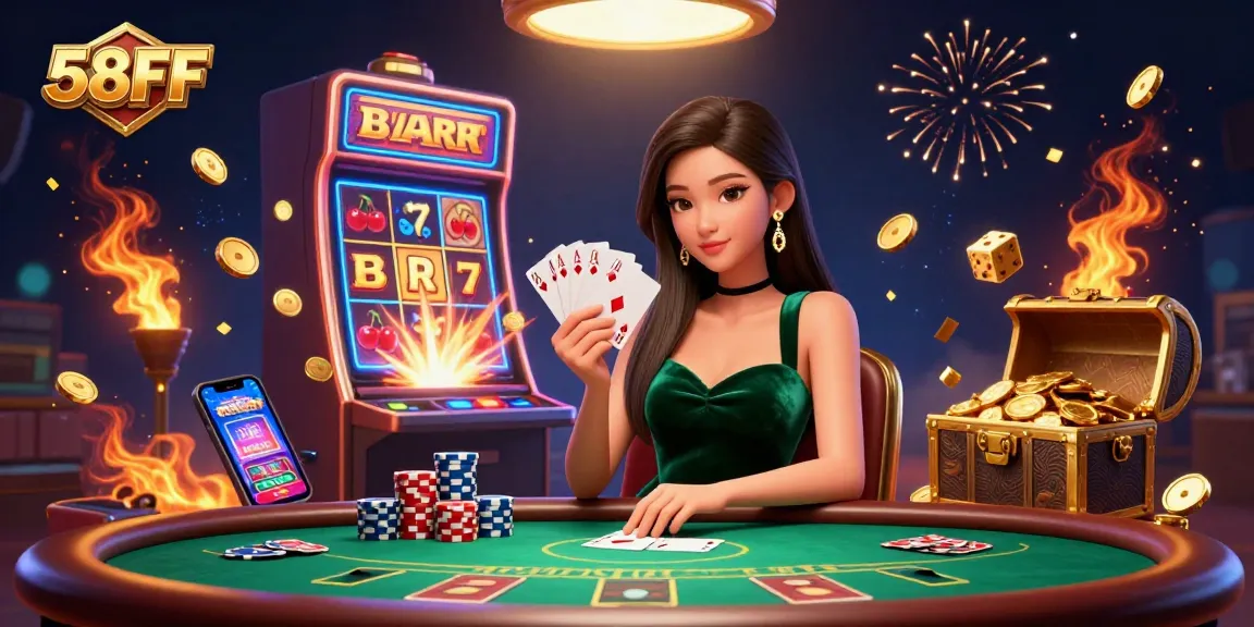 Experience the thrill of 58FF with a stunning casino illustration featuring a focused poker player amidst dynamic game elements.