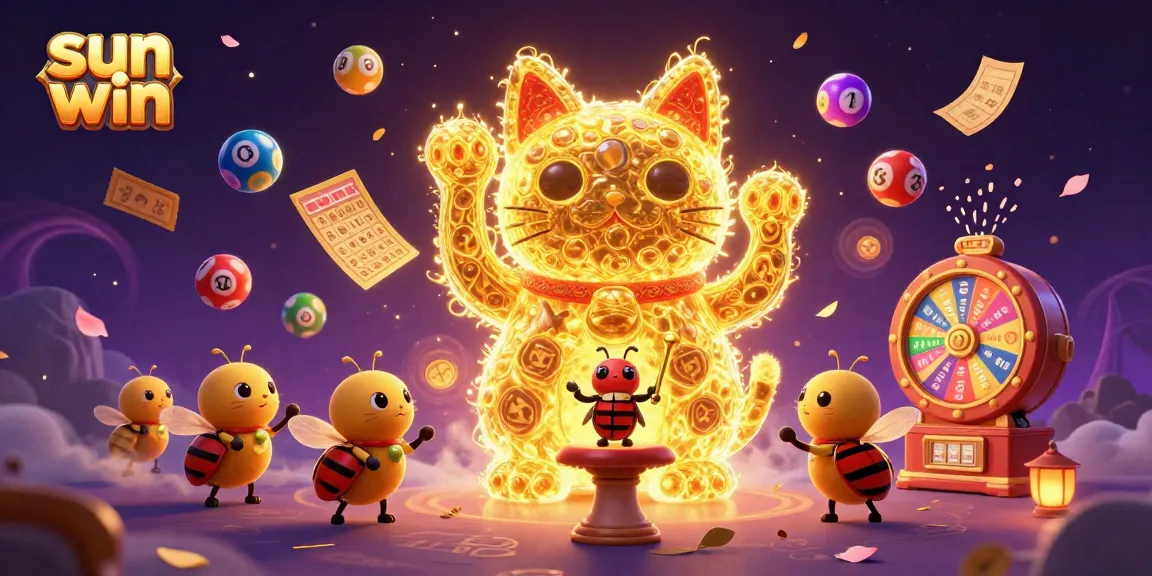 Experience the thrilling action at sun win with a lucky cat surrounded by vibrant casino elements.