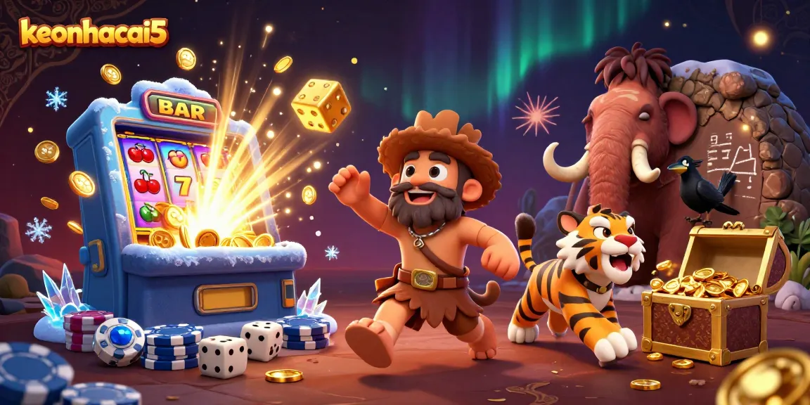 Engage with keonhacai5's exciting casino scene featuring cavemen and tigers amid a jackpot explosion.