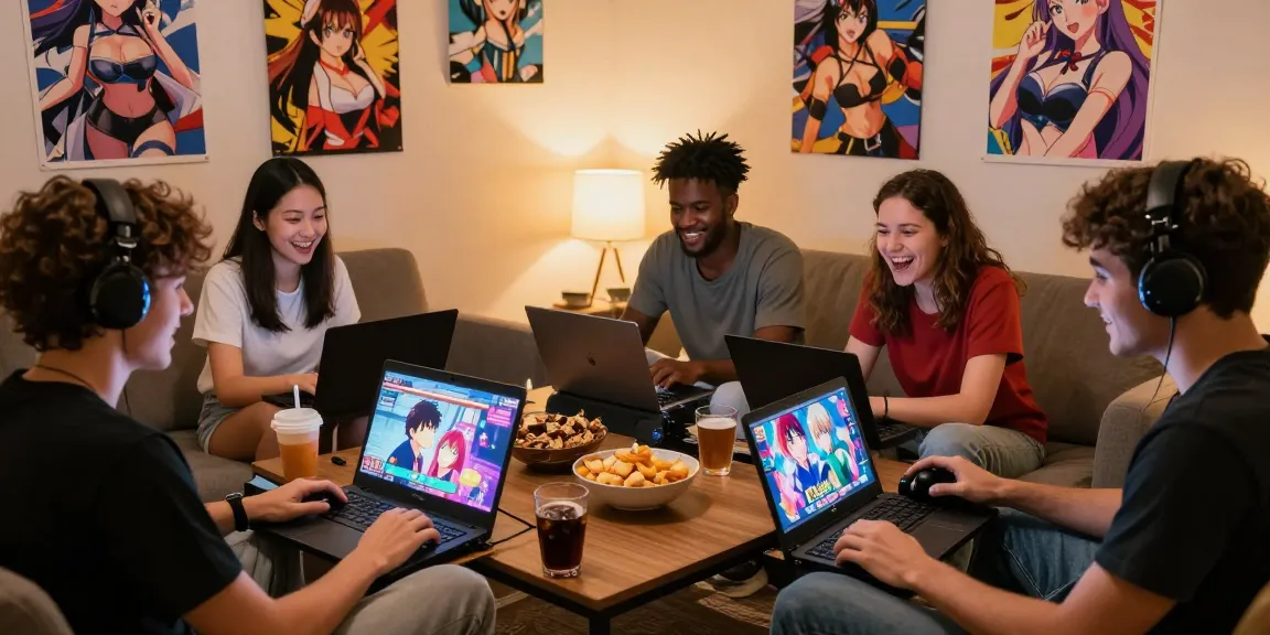 Gamers playing game ecchi in a lively environment with vibrant visuals and snacks