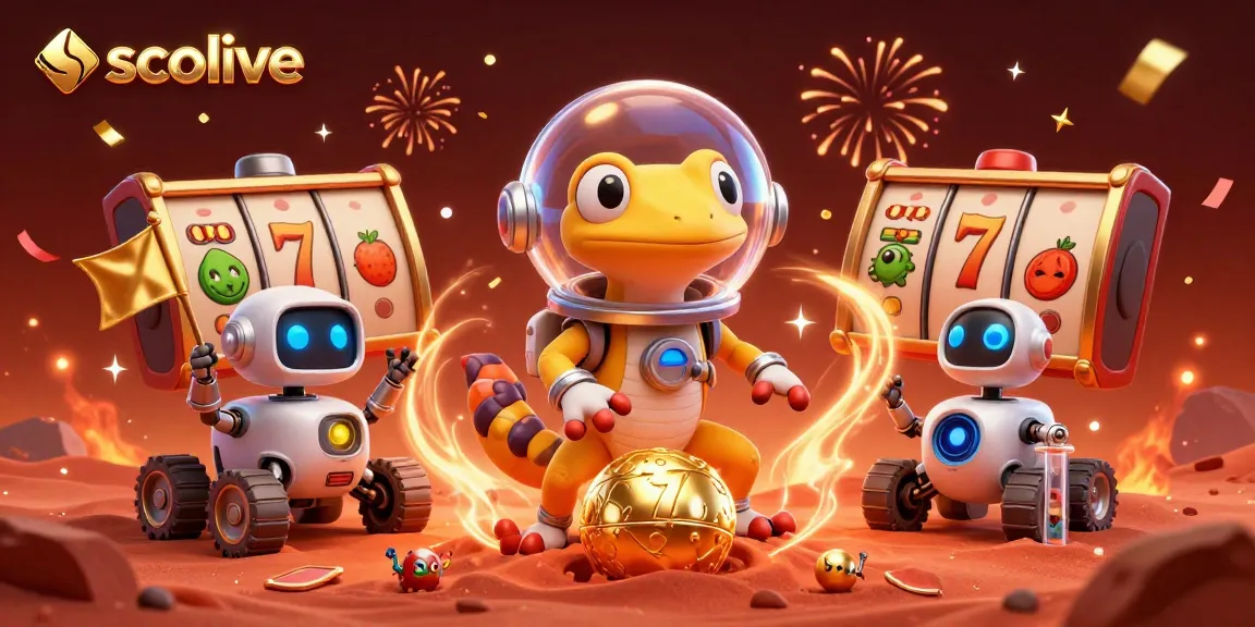Socolive 3D Martian gecko wins at a golden casino surrounded by exciting slot game elements.