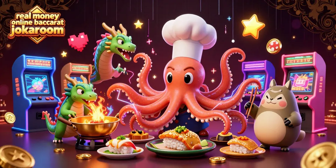 Experience real money online baccarat jokaroom with a dynamic animated scene featuring a chef octopus and a dragon.