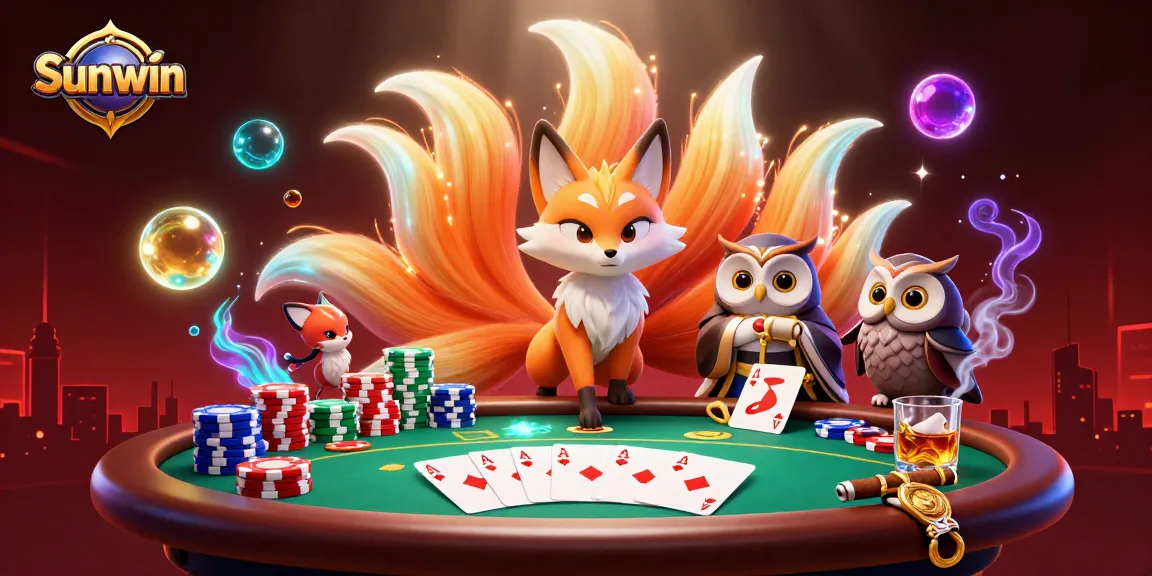 Engage in Sunwin casino with a vibrant illustration showcasing poker and spirit elements.