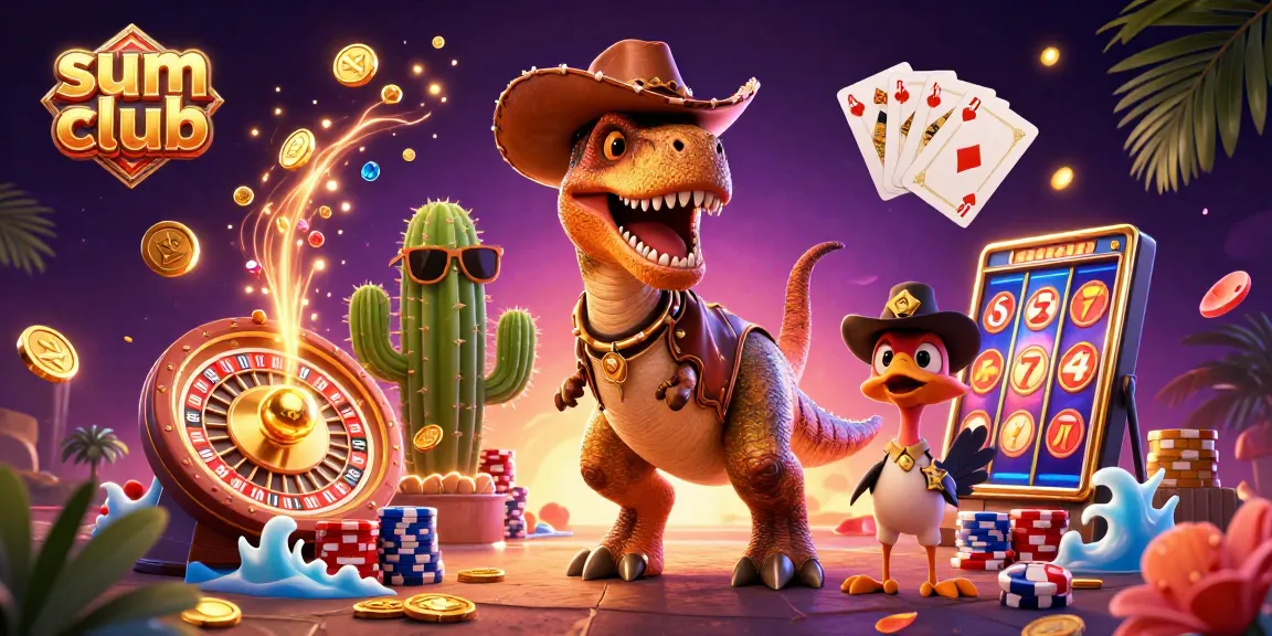 Experience thrilling adventures at sum club with a 3D dinosaur and vibrant casino elements.