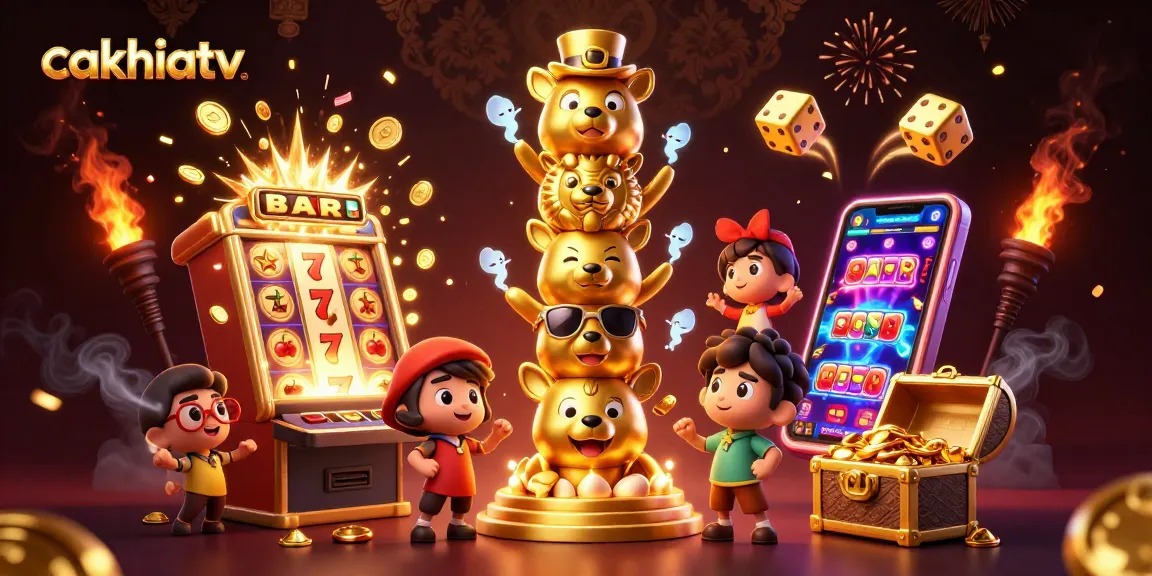 Cakhiatv captivates with a dynamic 3D casino illustration, showcasing vibrant game elements and a lively golden totem.