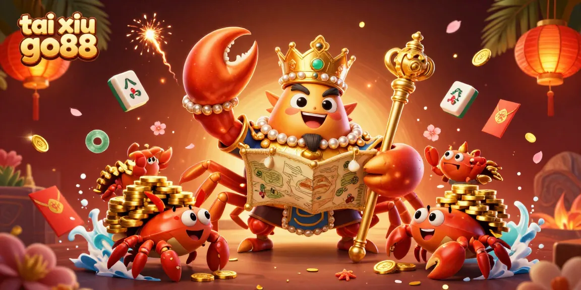 Experience the thrilling game tai xiu go88 with a luxurious crab emperor, floating mahjong tiles, and festive elements.