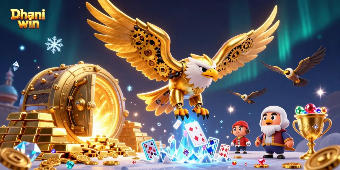 Dive into the excitement of Dhani win with an energetic 3D gaming illustration featuring a golden eagle, jewel-rich treasures, and dynamic casino elements.