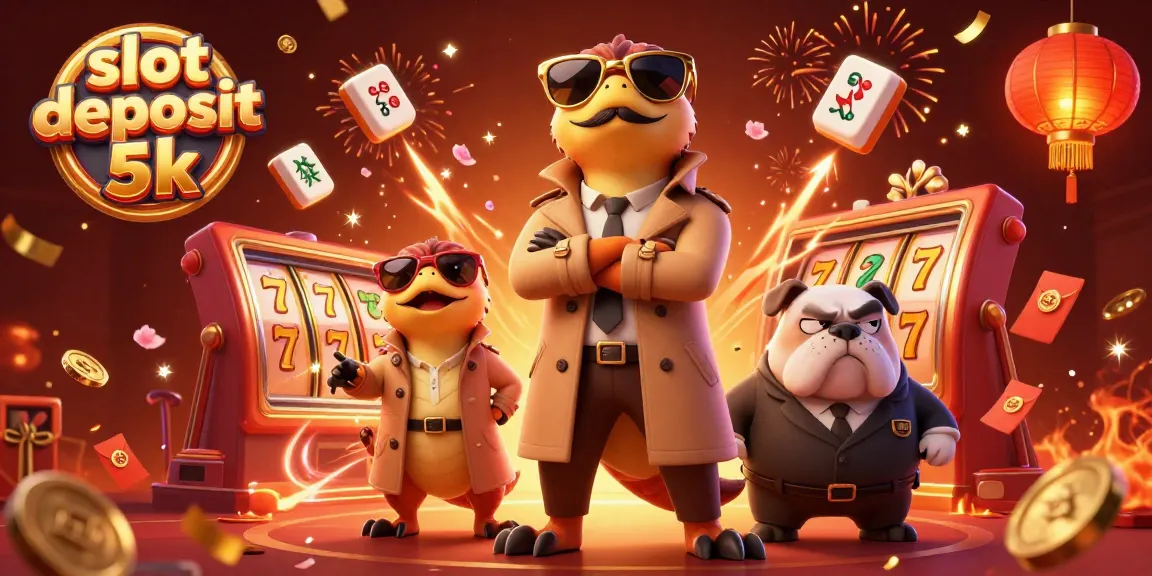 Experience the thrill of the slot deposit 5k with cartoon raptors in a trench coat entering a casino.
