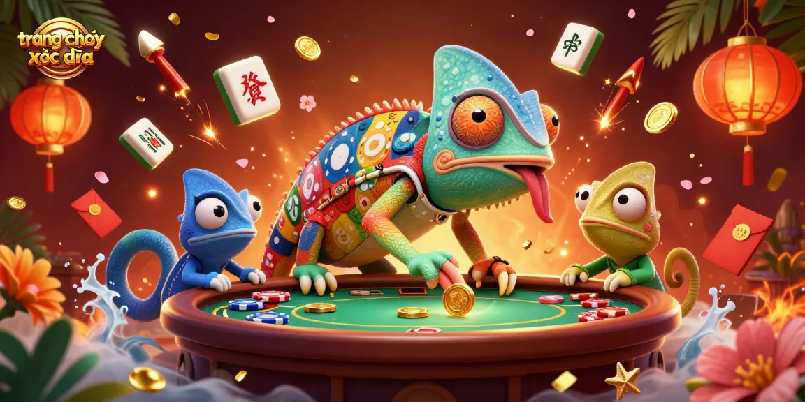 Experience the excitement of trang chơi xóc đĩa uy tín with vibrant casino elements and colorful characters.