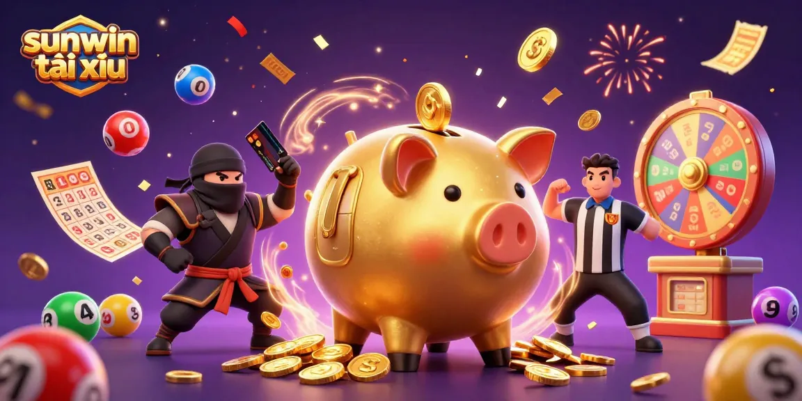 Engaging scene of sunwin tài xỉu featuring a battling sumo wrestler, ninja, and samurai among vibrant casino elements.