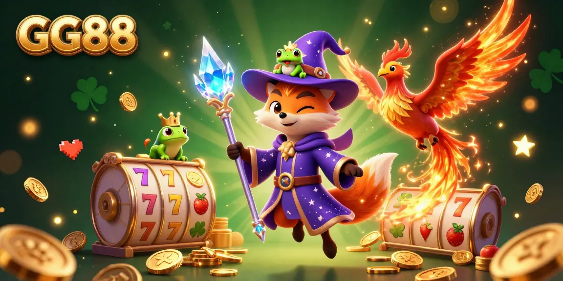 Engage with GG88's vibrant 3D scene featuring a wizard fox and phoenix amidst casino slot elements.